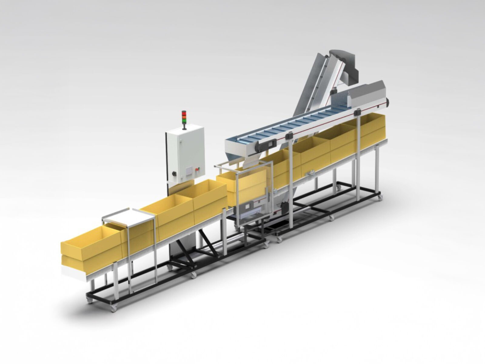 Slim conveyor belt combination with container receptacles, scales and buffer roller conveyor for packaging and weighing
