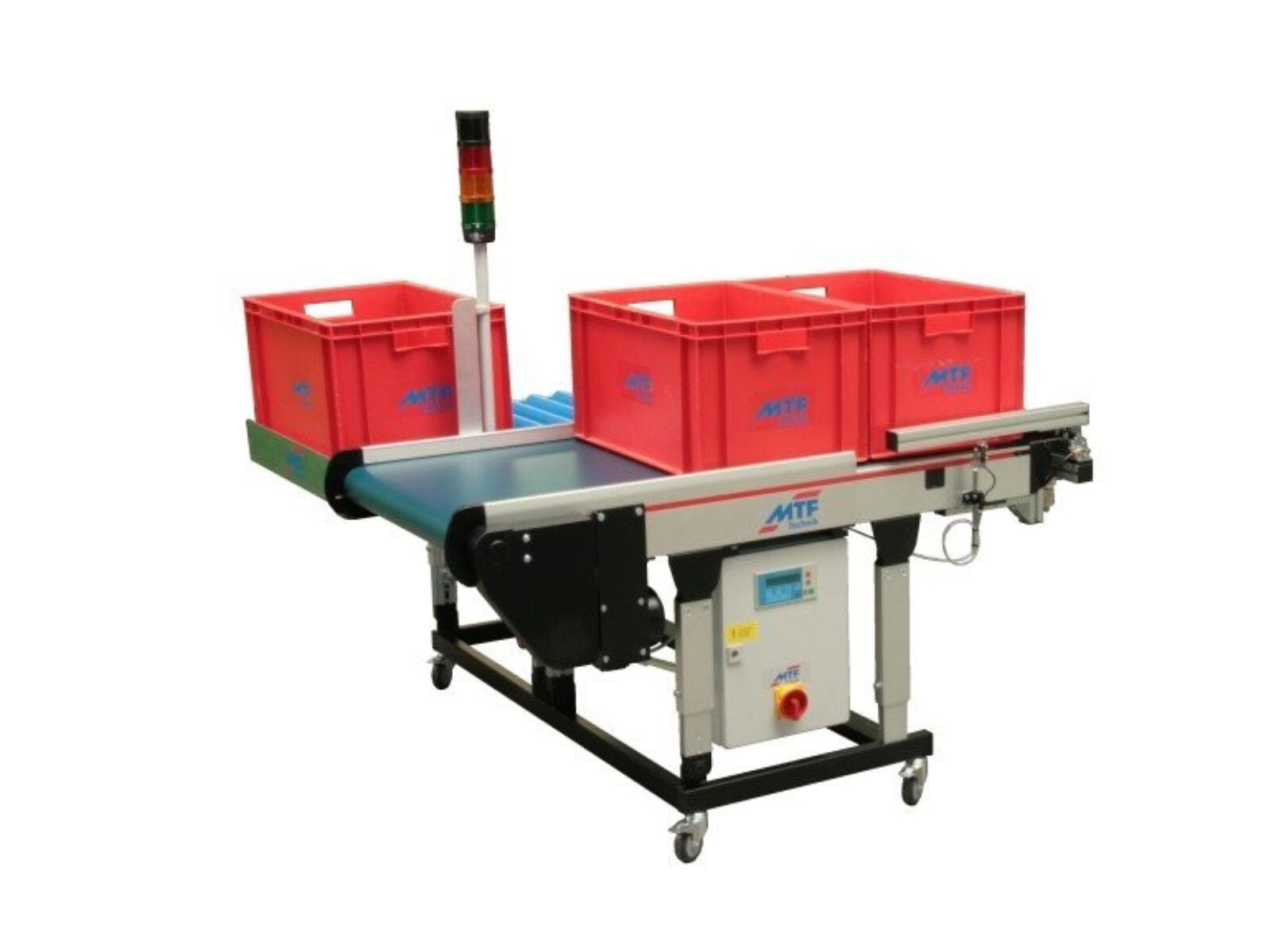Buffer belt with transverse pusher and roller conveyor for buffering of plastic parts in containers