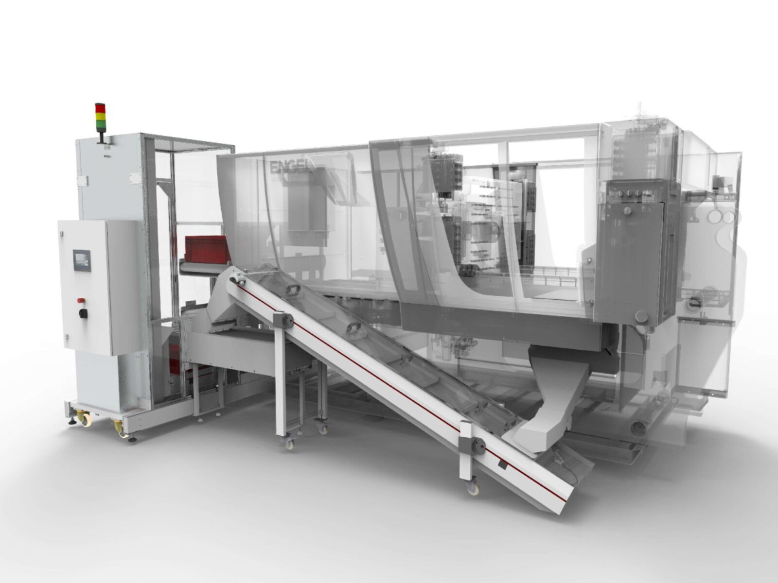 Buffer conveyor system on 3 levels with turnout, small conveyor belt and lifting device for automatic buffering of medical technology articles in containers
